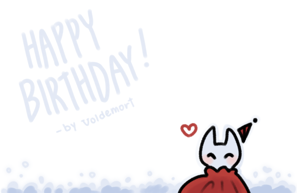 Happy Birthday! — by Voldemort. A smiling horned character with rosy cheeks in a red cloak and party hat, with a red heart and blue flowers.